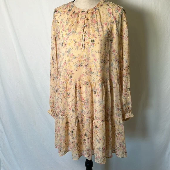 A.N.A New Apparel Size Large Long Sleeve Dress Slip Metallic Floral Buttons Pink - Picture 2 of 16